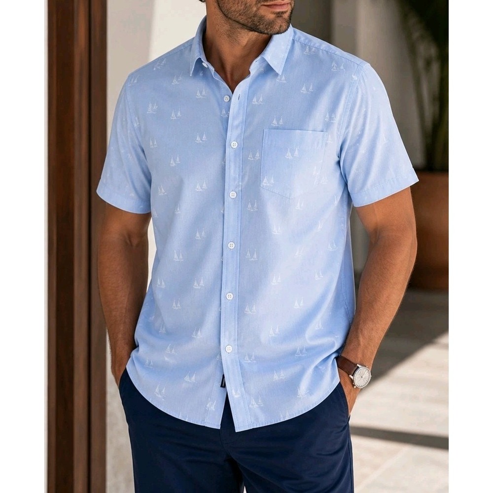 PD&C Men's Button Down Shirt XL Blue Sailboat Print Short Sleeve NWT